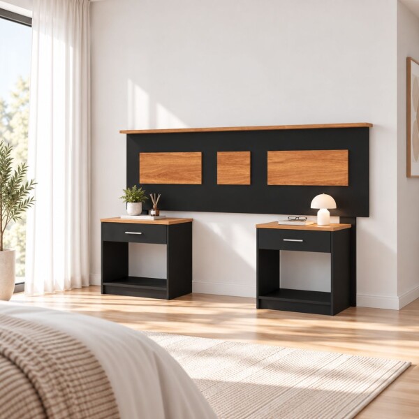 COMBO DORMITORIO - RESPALDO + 2 MESAS DE LUZ NEGRO