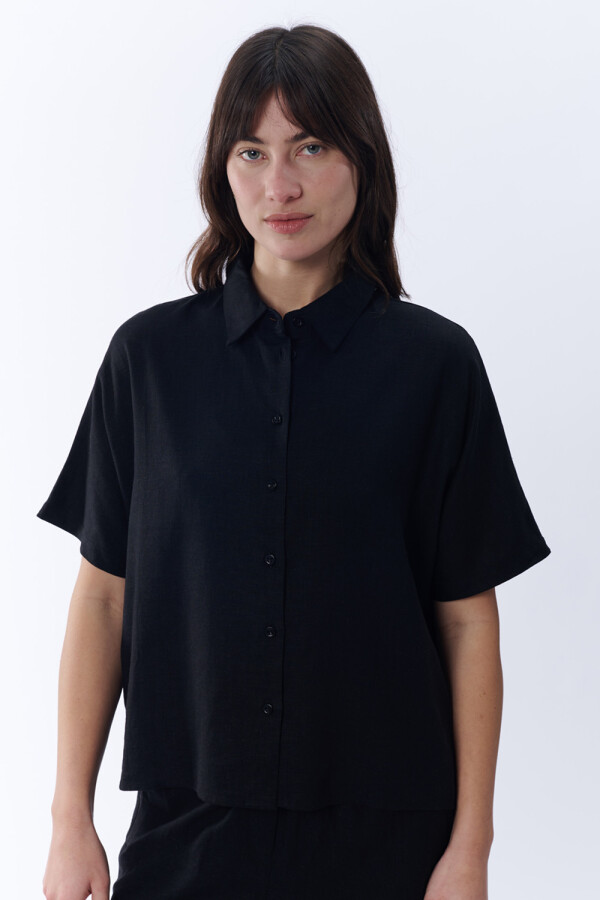 Camisa manga corta con lino Negro