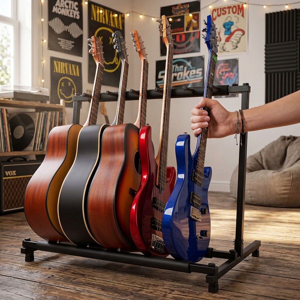 Soporte para 5 guitarras Bajos pie piso Stand Base Plegable IMBACK Color Negro 