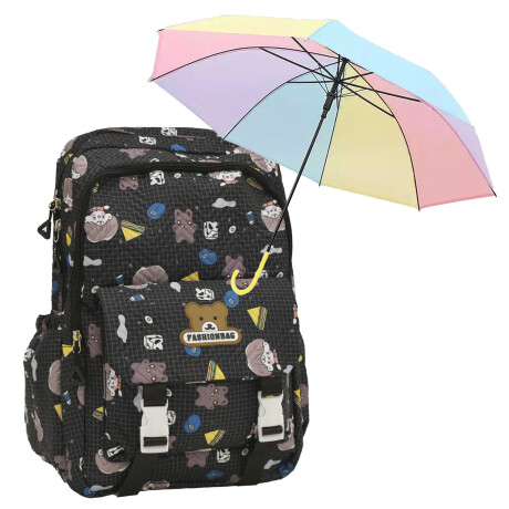 Set Mochila Escolar Infantil p/ Laptop y Bolsillos + Paragua Negro