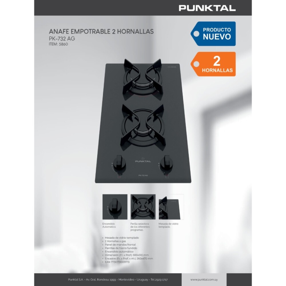 ANAFE A GAS-2 HORNALLAS-PARRILLA HIERRO FUNDIDO-ENC.-ELCT.-KIT GAS acero inoxidable