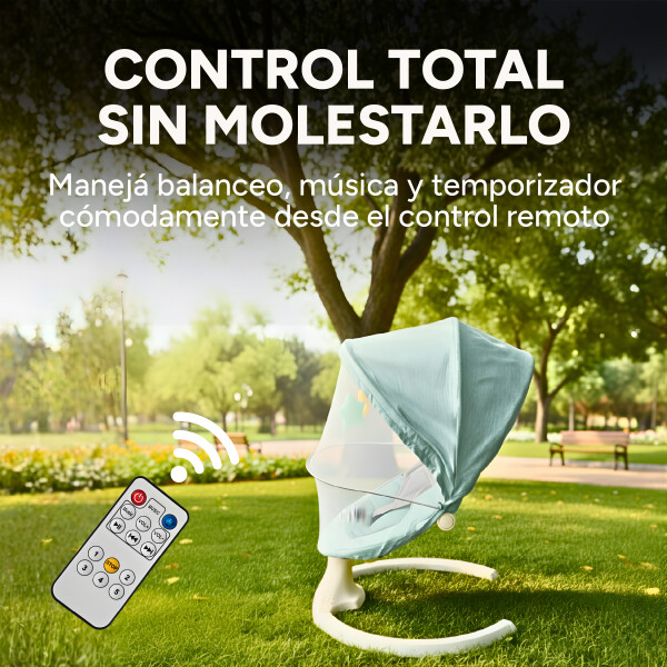 Silla Mecedora Bebé 5 Niveles Control Bluetooth Tul Mesita Color Verde