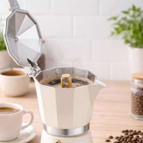 Cafetera italiana con mango simil madera 9 tazas Beige