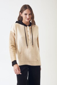 Sweater Color Block Capucha Beige Melange
