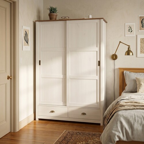 Ropero 2 puertas corredizas 2 cajones - Madera maciza Blanco