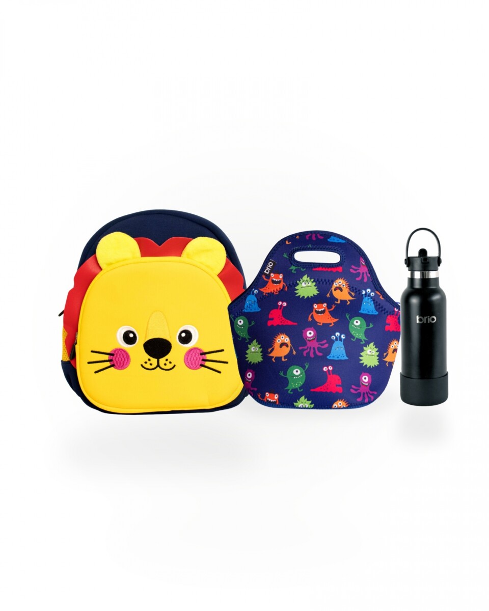 Set de mochila infantil animales de neopreno, lunchera de neopreno y botella de acero inoxidable 500ml brio - set-monstruos 