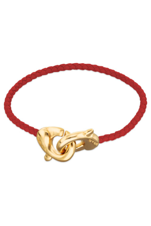 PULSERA DE CUERO ROJO CON MOSQUETÓN ENTRELAZADO BAÑADA EN ORO 18K Pulsera