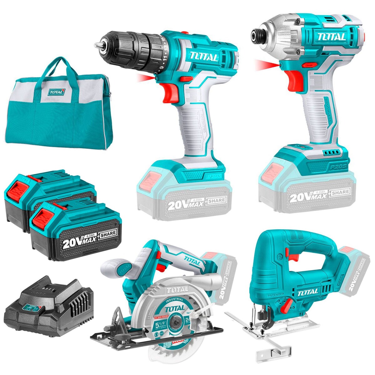 Kit Línea 20v: Atornilladores + Circular + Caladora, 2 Baterías 4.0Ah 