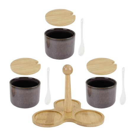 Set de 3 condimenteros de ceramica con base de bamboo Set de 3 condimenteros de ceramica con base de bamboo