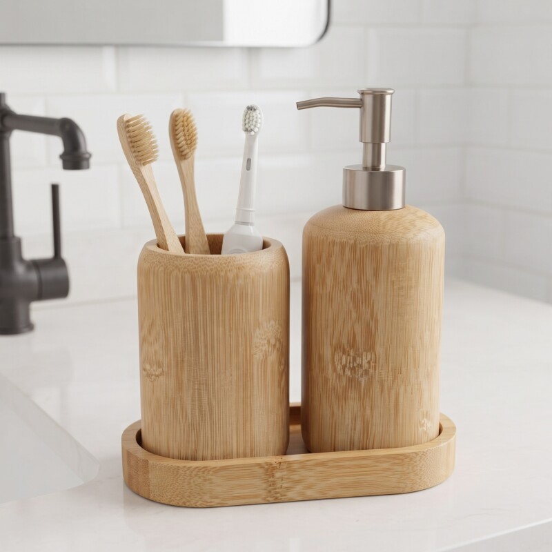 Set accesorios de baño de bambú con dispensador Set accesorios de baño de bambú con dispensador