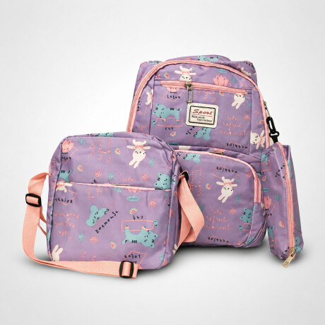Set Mochila 3 Piezas Diseño Animalitos Escolar Resistente Lila