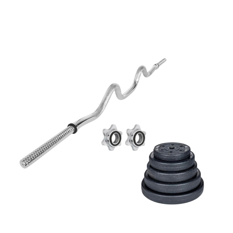 Kit Barra W Maciza Cromada 1.2m + 20 Kilos Pesas 2x5Kg 4x2.5Kg
