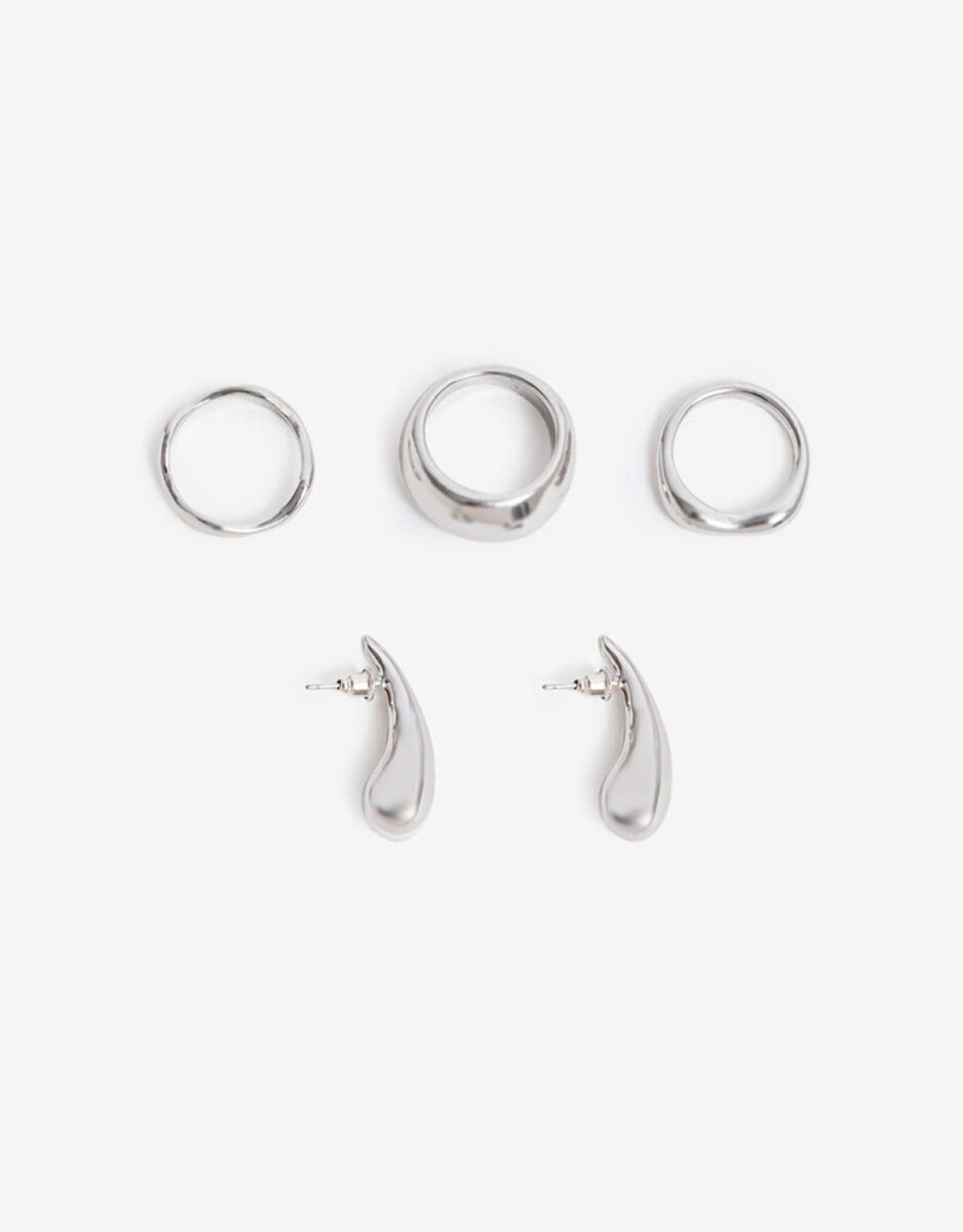 Set De Aros Y Anillos Metal - Plateado Rodio 