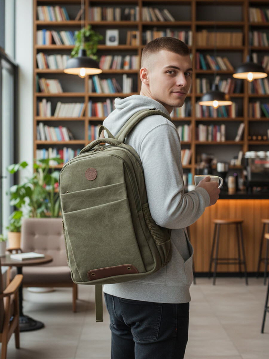 Mochila porta laptop de lona - Verde 