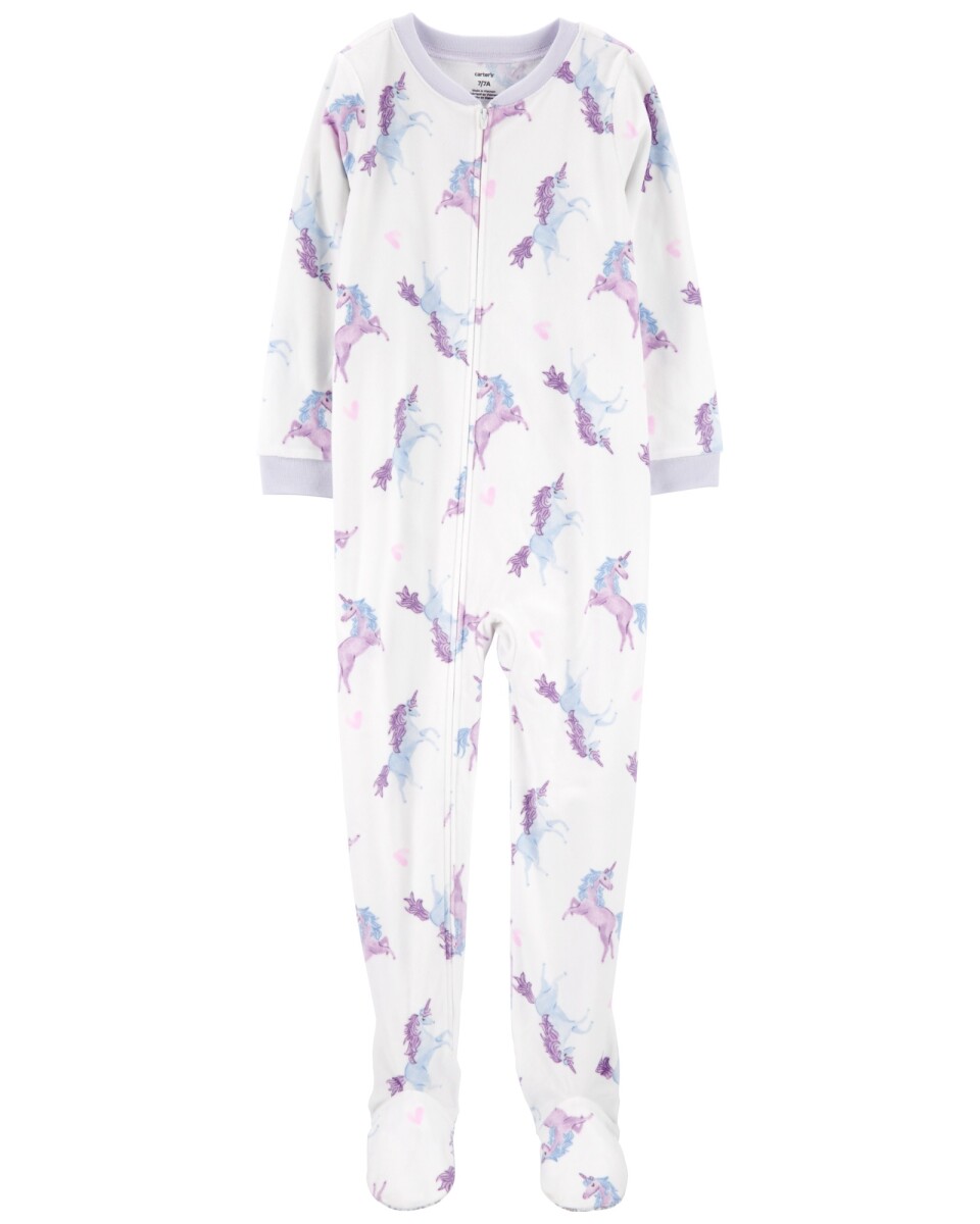 Pijama uno pieza de micropolar, con pie, blanco, diseño unicornios. Talles 6-8 