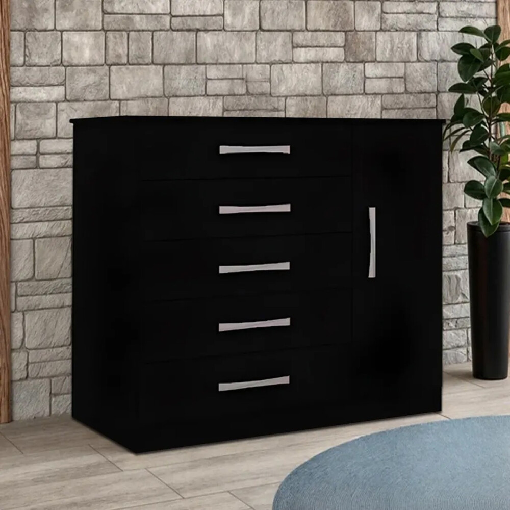 CÓMODA CAJONERA GUARDARROPA 5 CAJONES 1 PUERTA NEGRO
