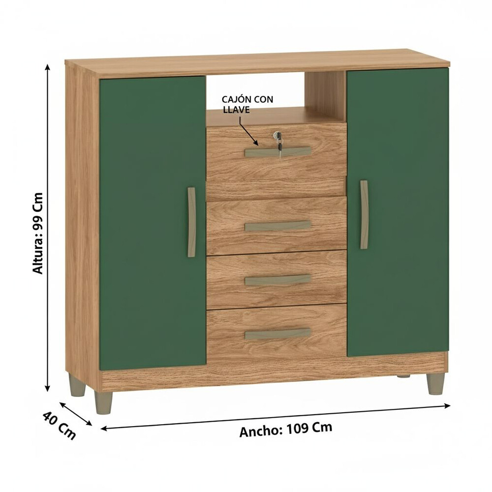 CÓMODA CAJONERA GUARDARROPA 4 CAJONES 2 PUERTAS CON LLAVE COLOR MADERA VERDE