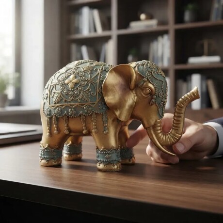 Adorno Elefante Oro Y Turquesa Trompa Abajo Adorno Elefante Oro Y Turquesa Trompa Abajo