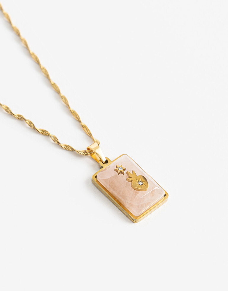 Cadena Corta con Dije Piedras Cadena De Acero Con Piedra Cuarzo Rosa - Dorado