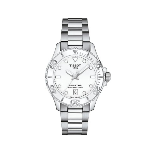 Reloj Tissot Seastar T1202101105100 para dama con correa de acero Plateado