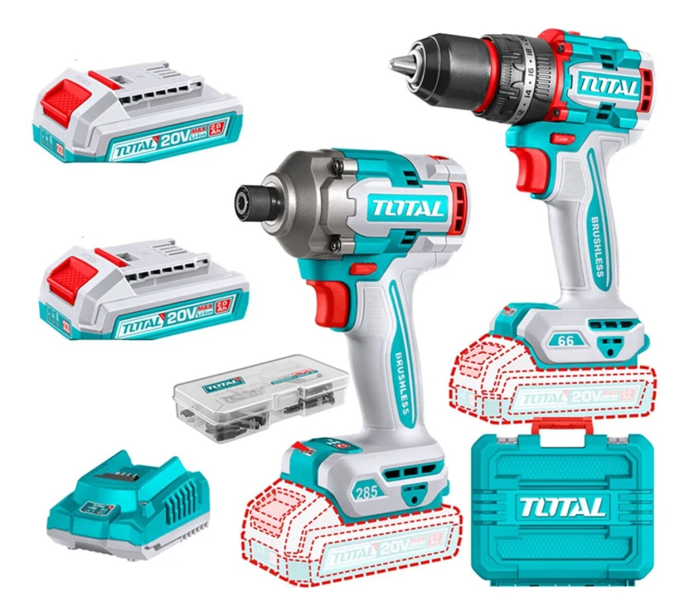 Combo Kit Taladro Percutor y Atornillador de Impacto Brushless Total 20V con 2 Baterías 