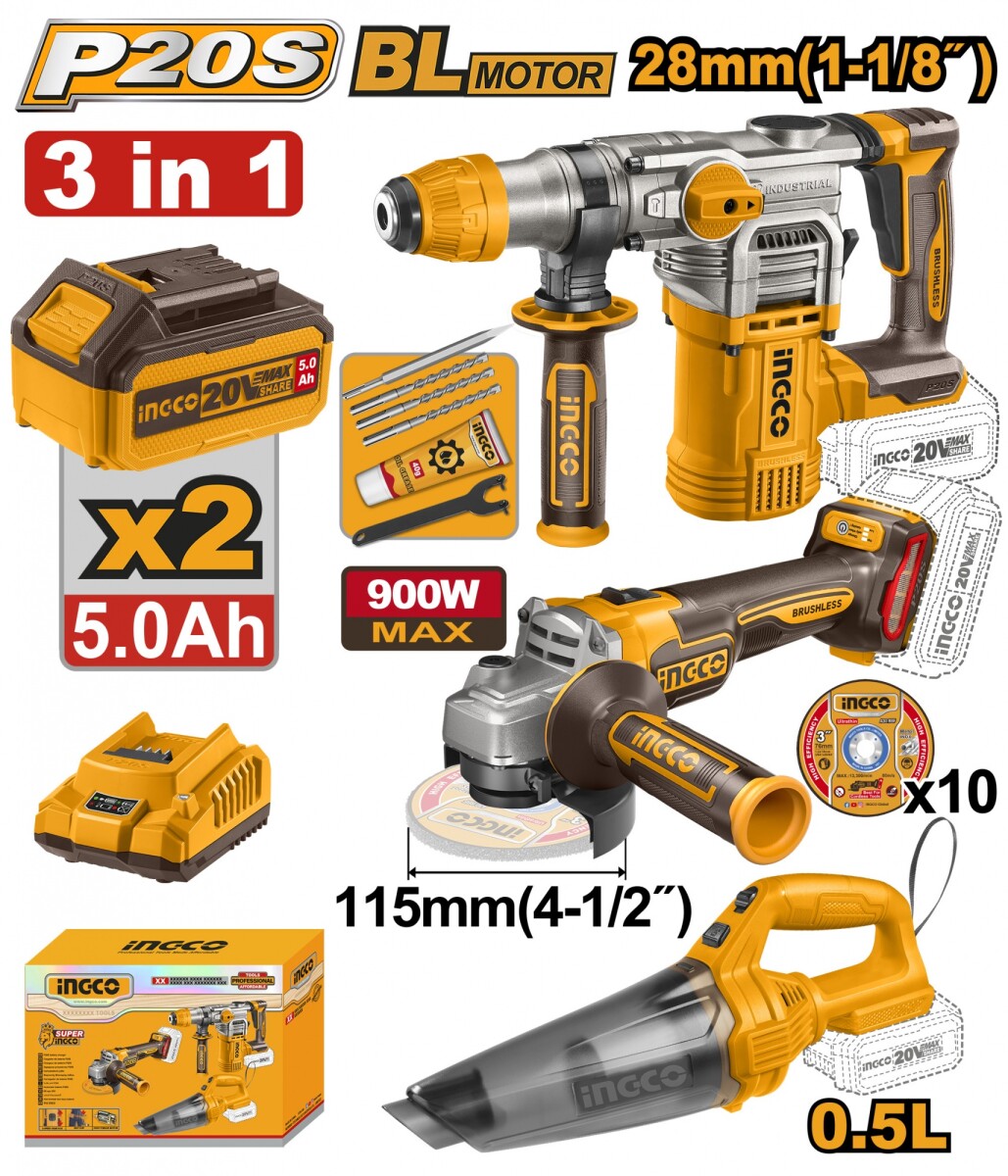 KIT COMBO A BATERIA P20S 20V C/ROTOMARTILLO + AMOLADORA + ASPIRADORA C/ 2 BATER 