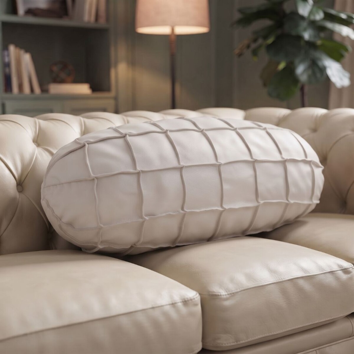 Almohadón Ovalado Grande - 100% Cuero 76x35 cm - Blanco 