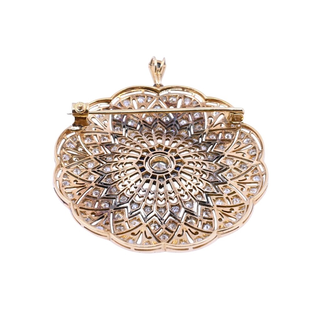 Colgante y prendedor antiguo en oro 18 k, brillantes y zafiros sintéticos. Colgante y prendedor antiguo en oro 18 k, brillantes y zafiros sintéticos.