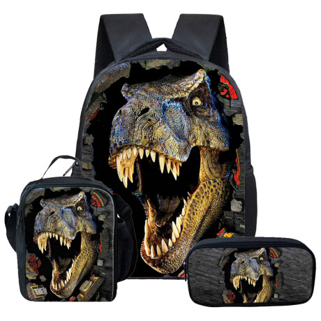 Mochila Escolar 3en1 Lunchera + Cartuchera Dinosaurio Dinosaurio