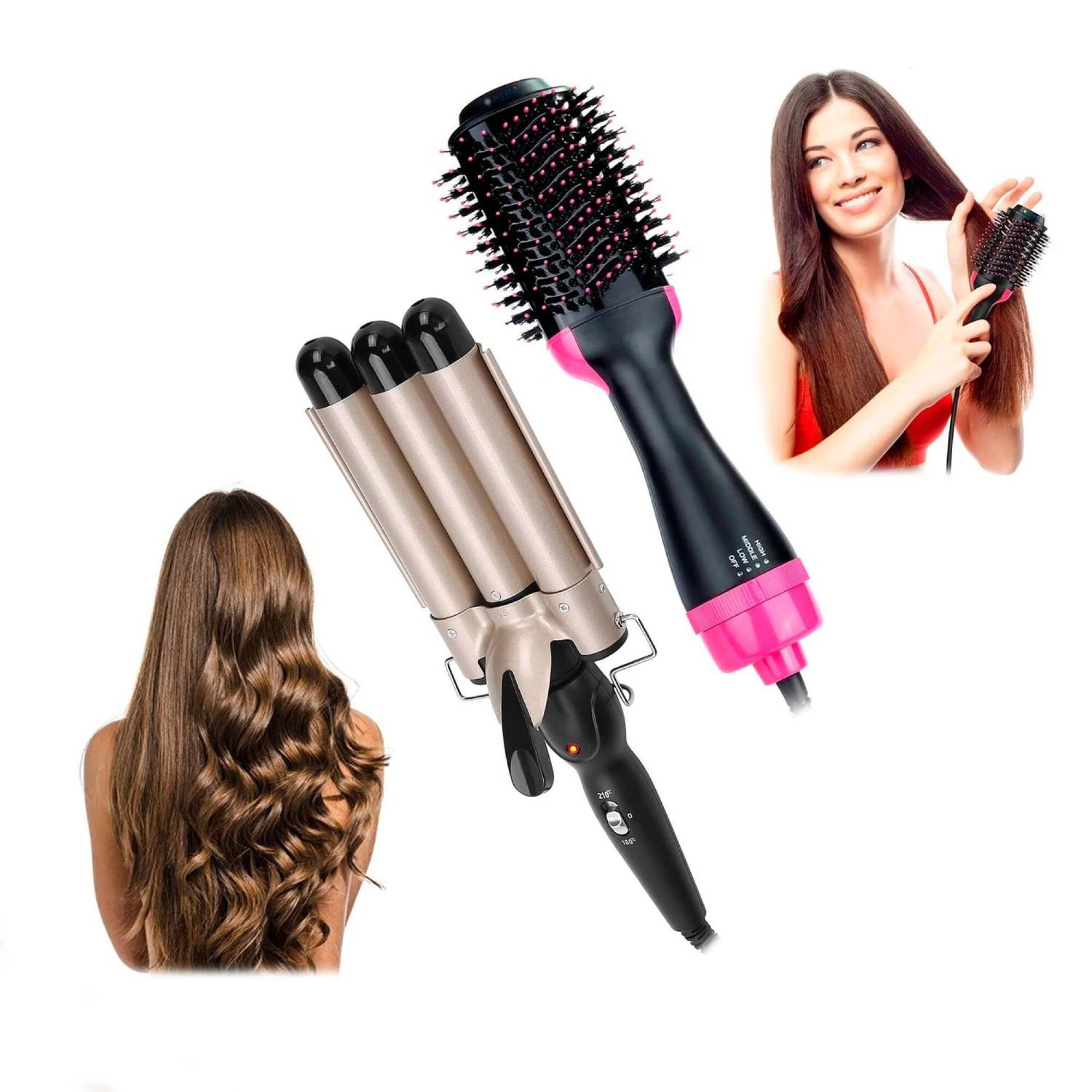 Set En Buclera Triple Barril Cepillo Alisador Plancha — Atrix