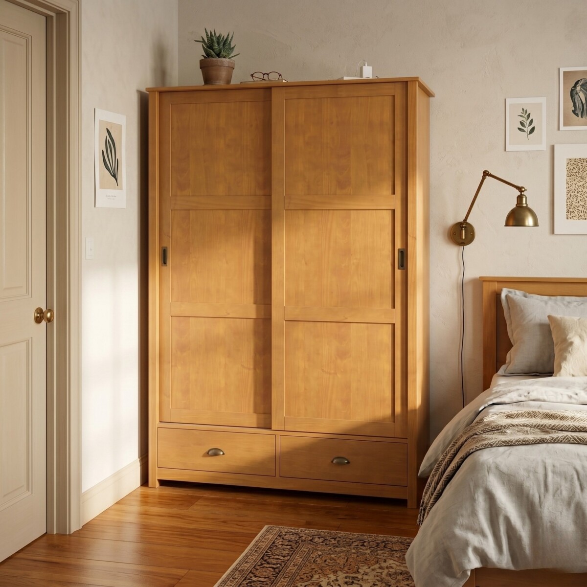 Ropero 2 puertas corredizas 2 cajones - Madera maciza - Marron 