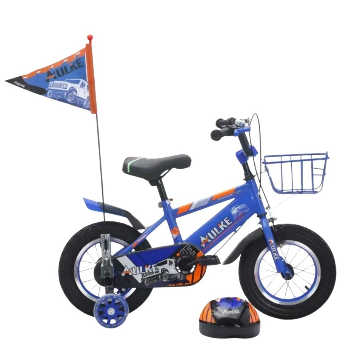 Bicicleta Rodado 12 Con Banderita, Rueditas Y Casco - AZUL 