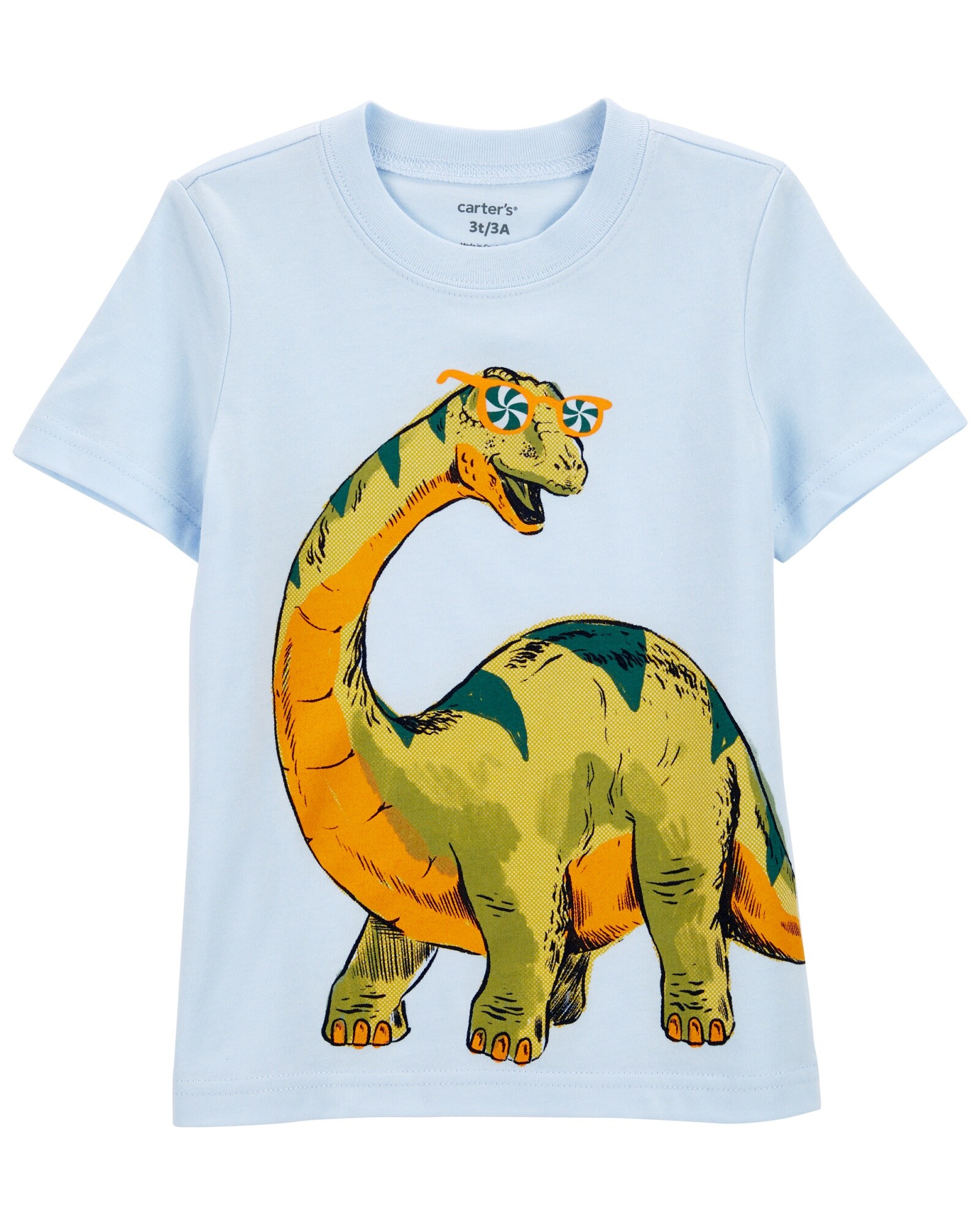 Remera de algodón, manga corta, estampa dinosaurio. Talles 6-24M Sin color