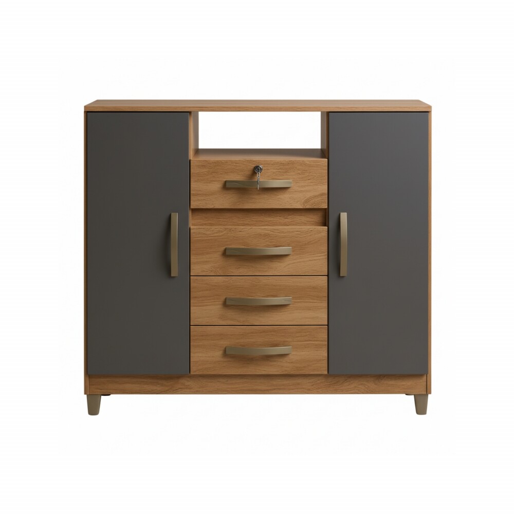 Cómoda cajonera 4 cajones 2 puertas - Con llave MARRÓN-GRIS