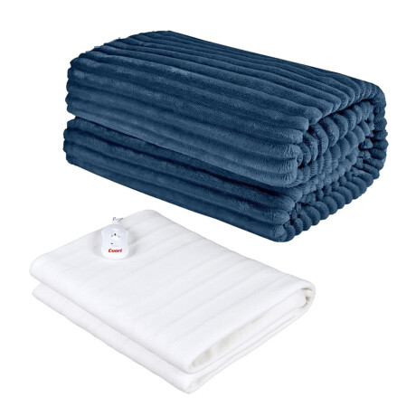 Set Invierno Manta Frazada Polar 1 Pza + Calienta Cama CuorI Azul