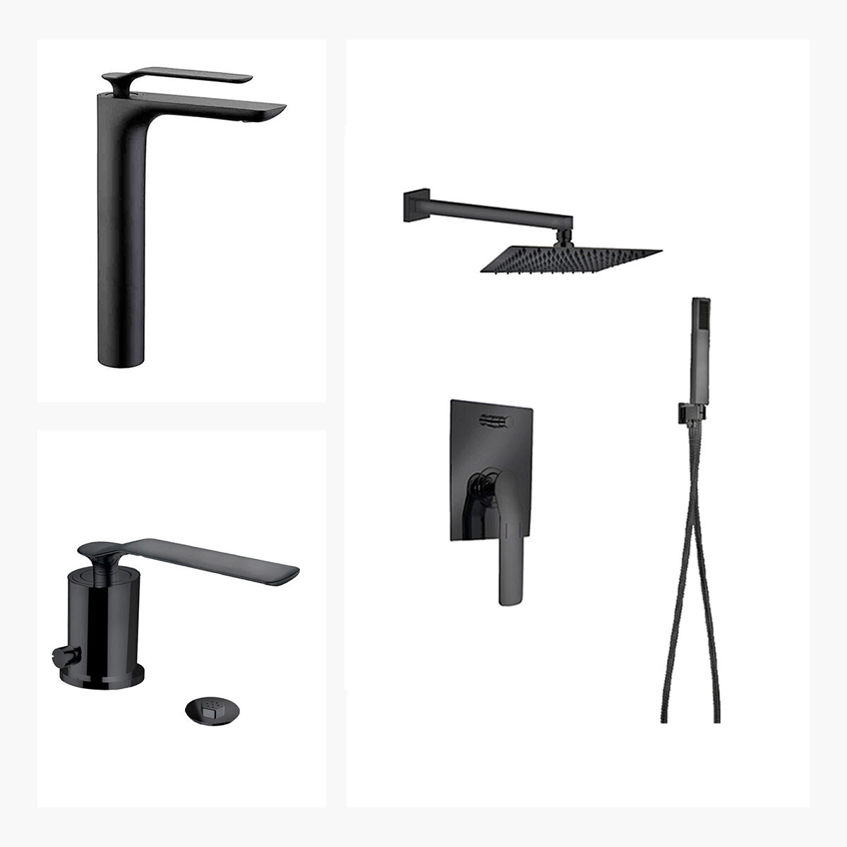 JUEGO COMPLETO DE GRIFERIA INCLUYE DUCHA EMBUTIDA ,LAVATORIO ALTO Y BIDET LINEA MODENA AQUALIA - NEGRO 