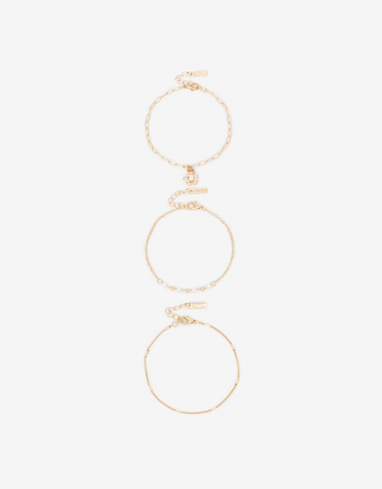 Pulseras Flexibles Sets Perlas Set De Pulseras Con Charm Floral - Dorado