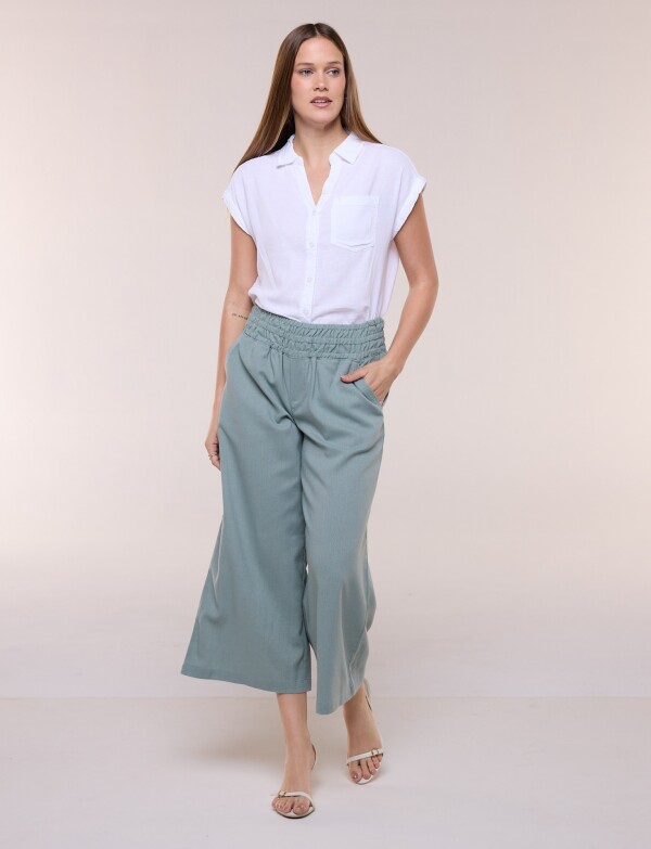 Pantalón De Lino Crop Con Cintura Elastizada VERDE