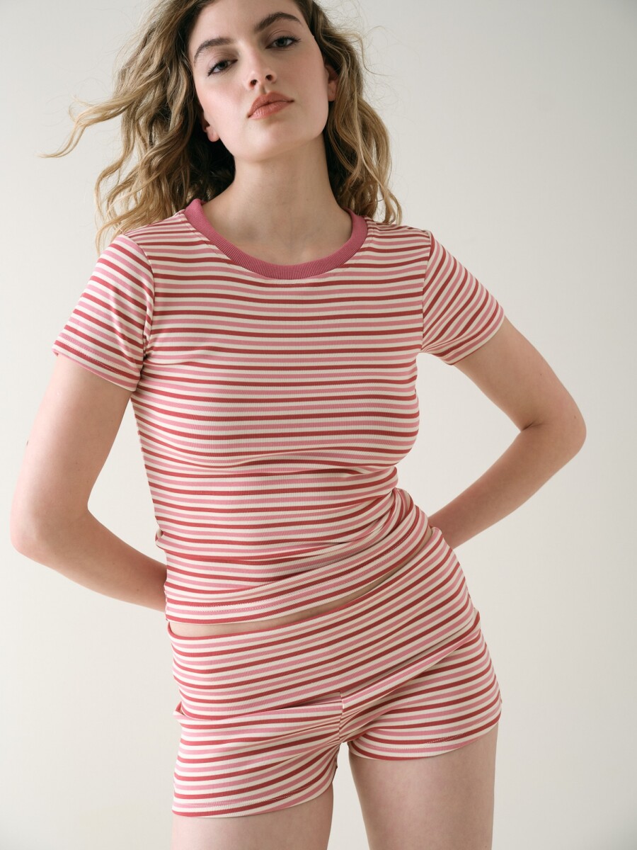 Remera Entallada Algodón Rayado - Rosado 