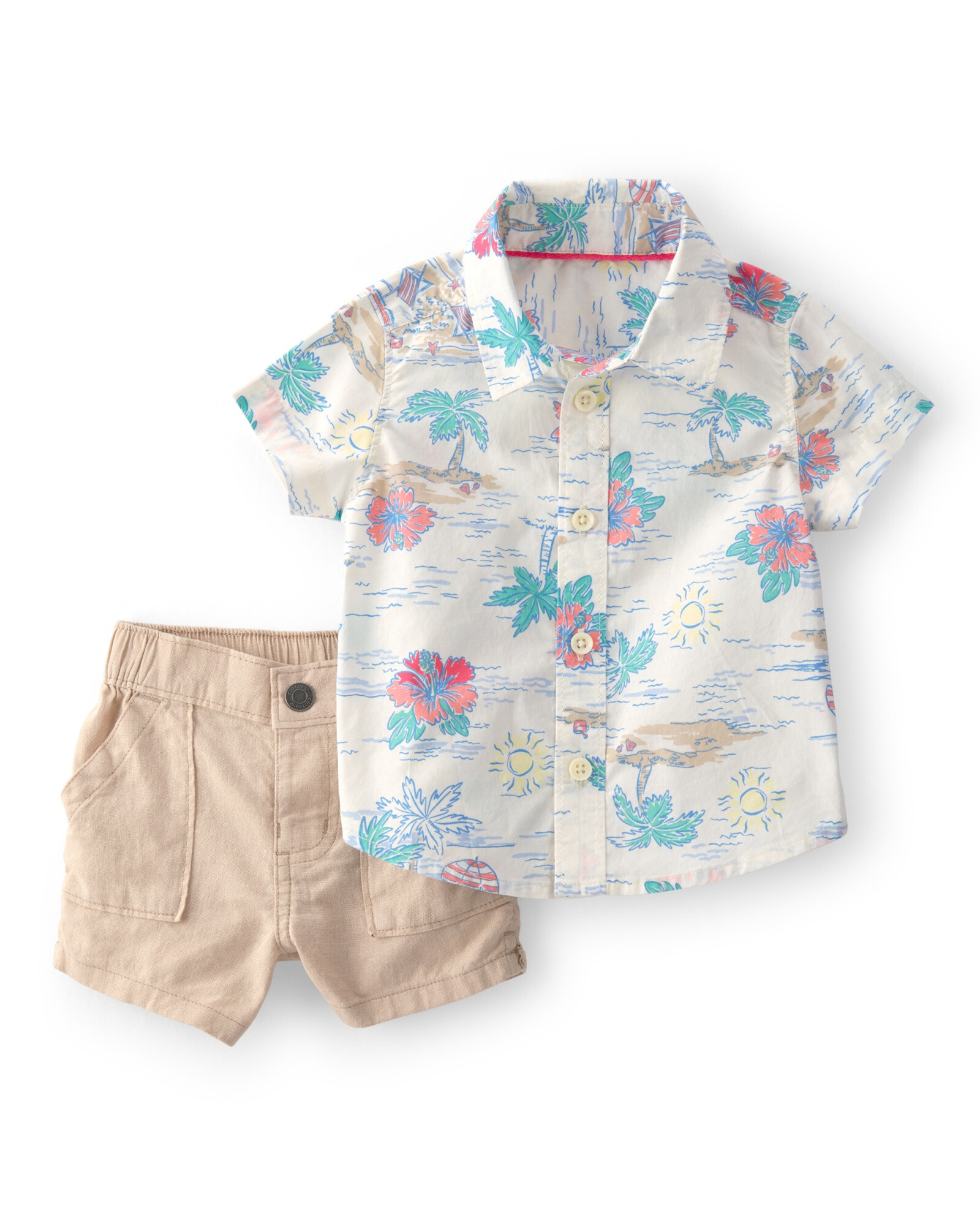 Set dos piezas, short de lino y camisa de algodón, diseño tropical Set dos piezas, short de lino y camisa de algodón, diseño tropical