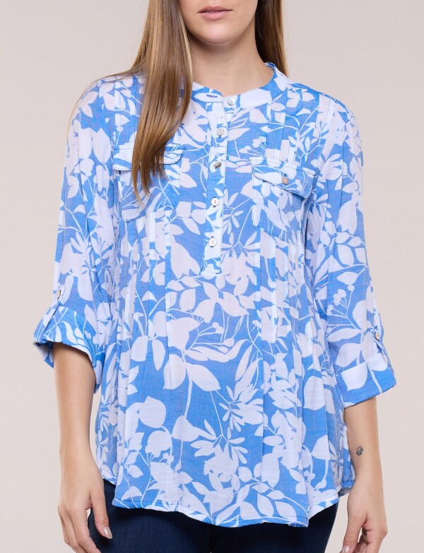Blusa Liviana Cuello Mao Manga Roll-up BLANCO/AZUL