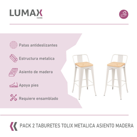 Pack 2 Taburetes Tolix con Respaldo y Asiento de Madera Lumax Blanco