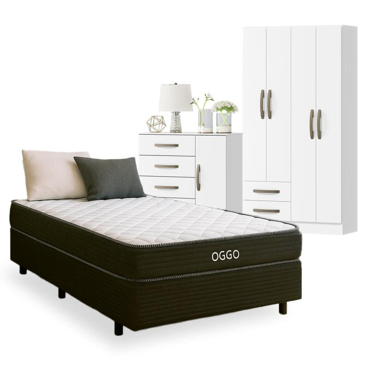 Combo Juego de Dormitorio Sommier Super Mega 1 Plaza y Media Ropero de 4 Puertas y Cómoda 4 Cajones - Blanco 