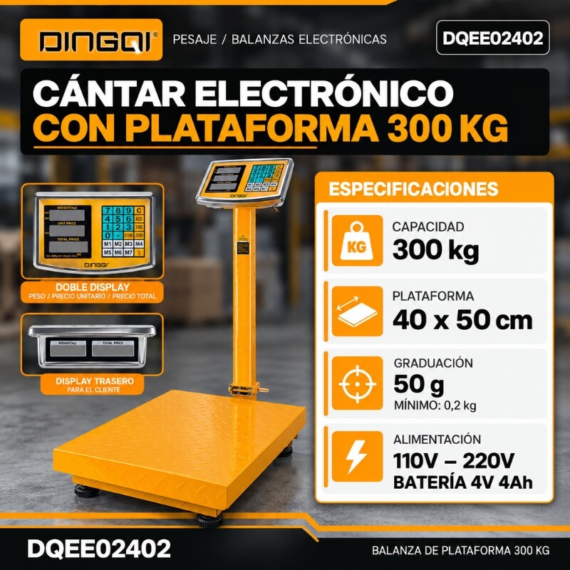 DINGQI BALANZA ELECTRÓNICA DE PLATAFORMA PREMIUM VISOR DOBLE 50 GRS - 300 KILOS Dingqi Balanza Electrónica De Plataforma Premium Visor Doble 50 Grs - 300 Kilos