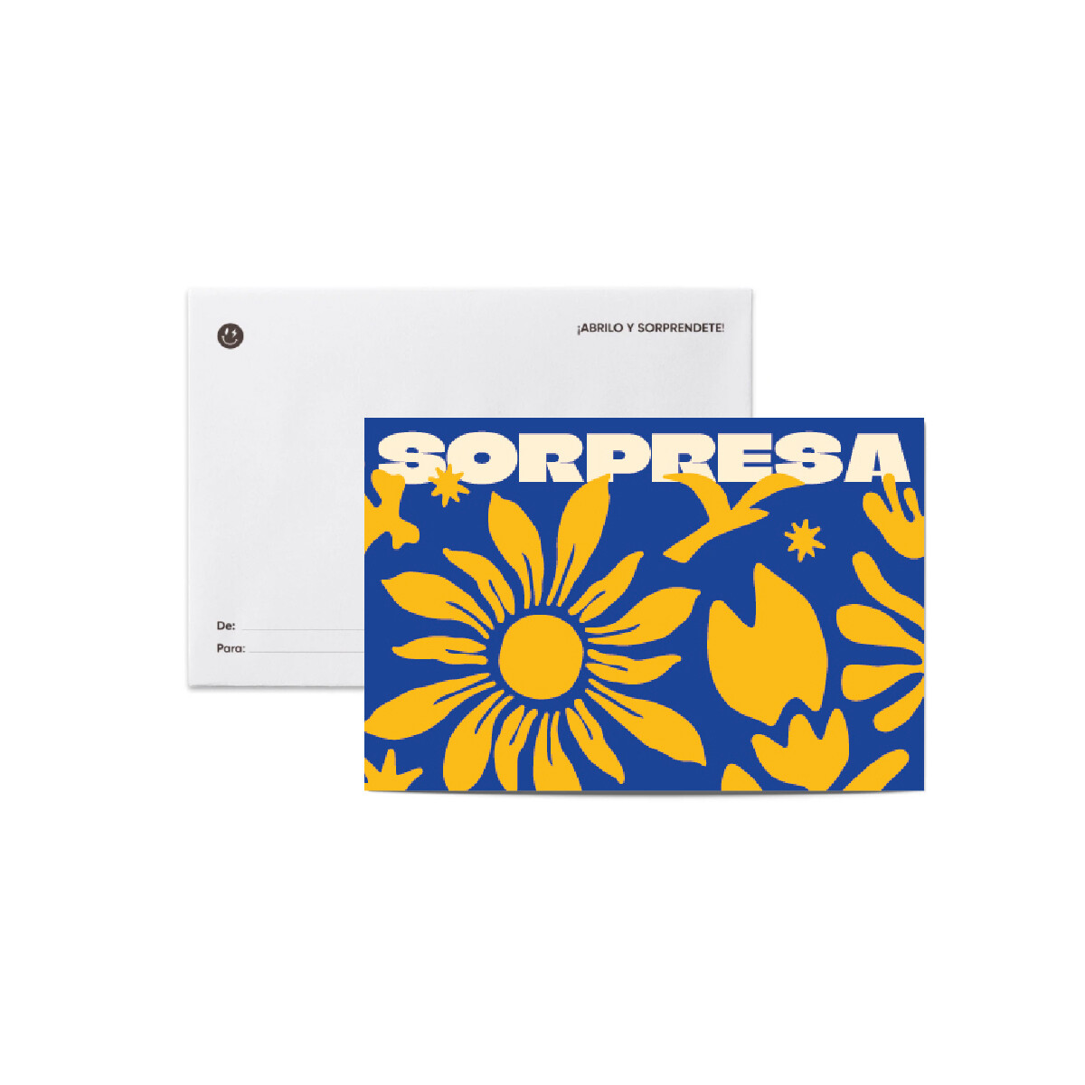 Tarjeta azul y amarillo con sobre "Sorpresa" 