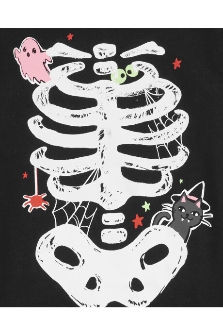 Pijama dos piezas de algodón, diseño esqueleto resplandeciente con fantasma y gato de Halloween. Talles 6-8 Sin color