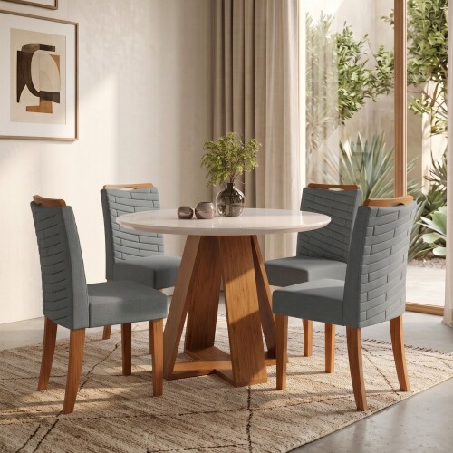 Juego De Comedor 4 Sillas Mesa Redonda - Celeste Beige / Gris