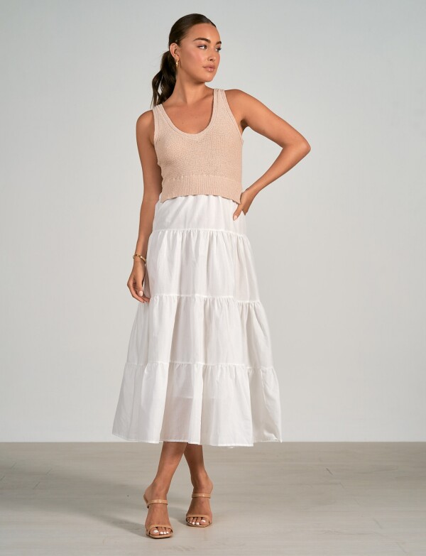 Vestido Midi Combinado Tejido Y Falda Escalonada BEIGE