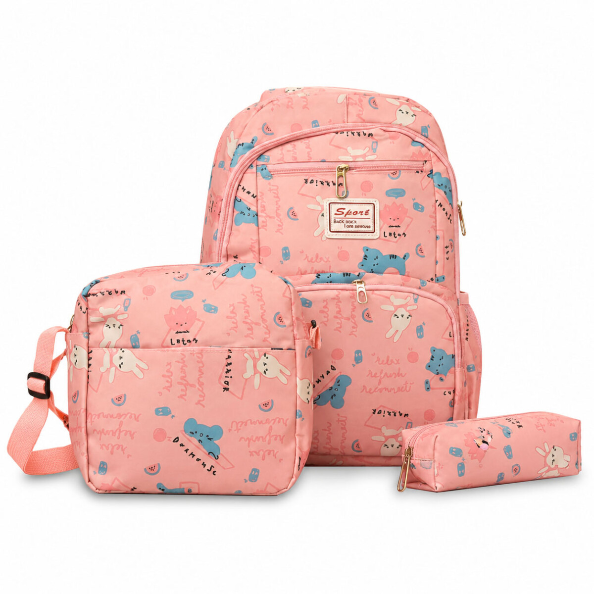 Set Mochila 3 Piezas Diseño Animalitos Escolar Resistente - Rosa Claro 