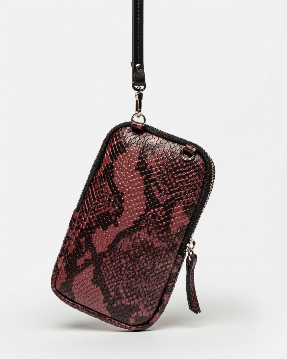 Porta Celular Pia En Cuero Snake Print Metalizado Bordeaux